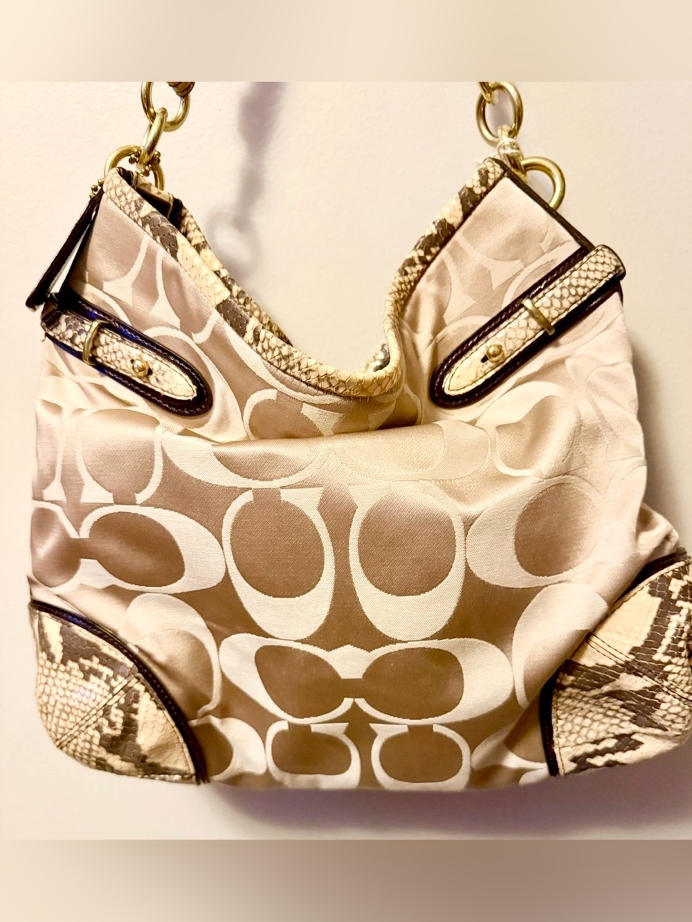Coach Signature Jacquard Hobo Shoulder Bag w/ Snakeskin Trim - Picture 2 of 15